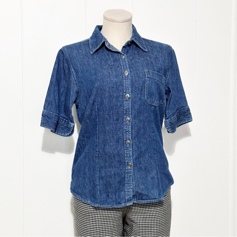 90s Short Sleeve Denim Button Front Top | Vintage - Picture 5 of 9
